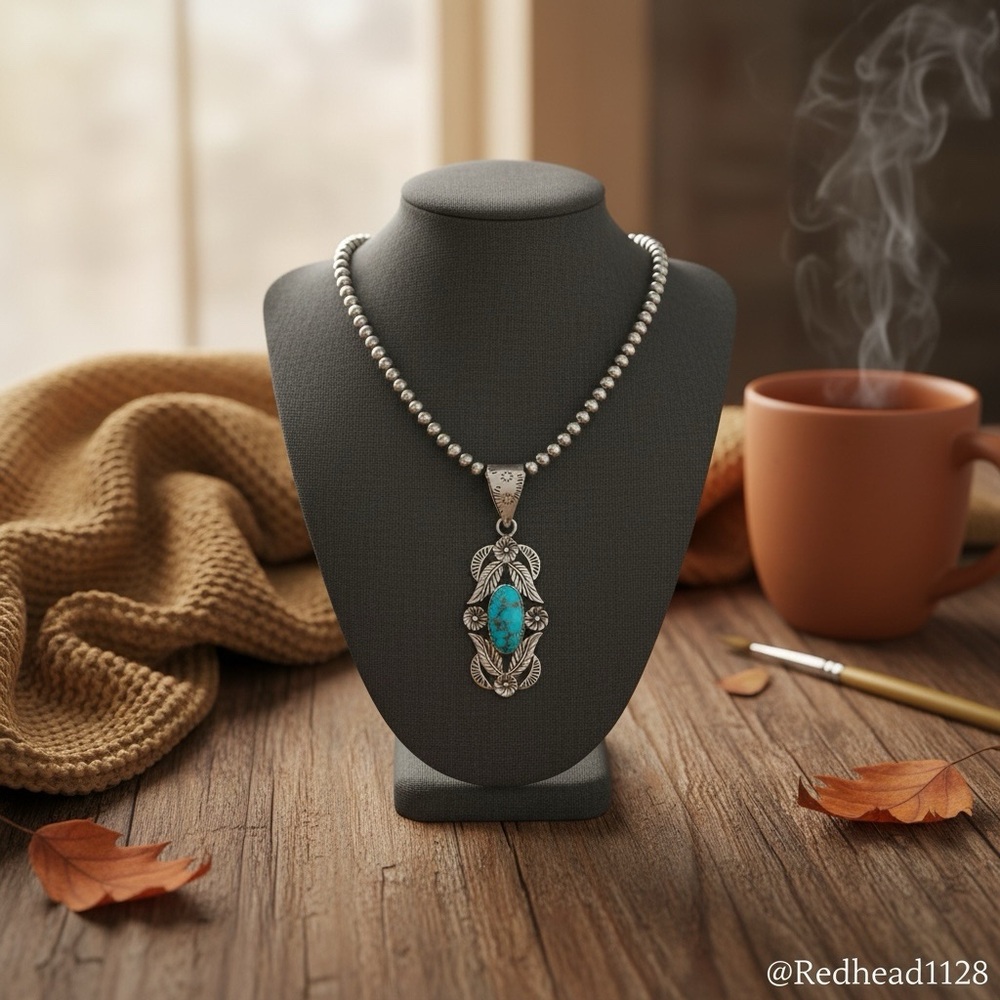 Kingman Turquoise in Solid Sterling Silver Leaf Pendant